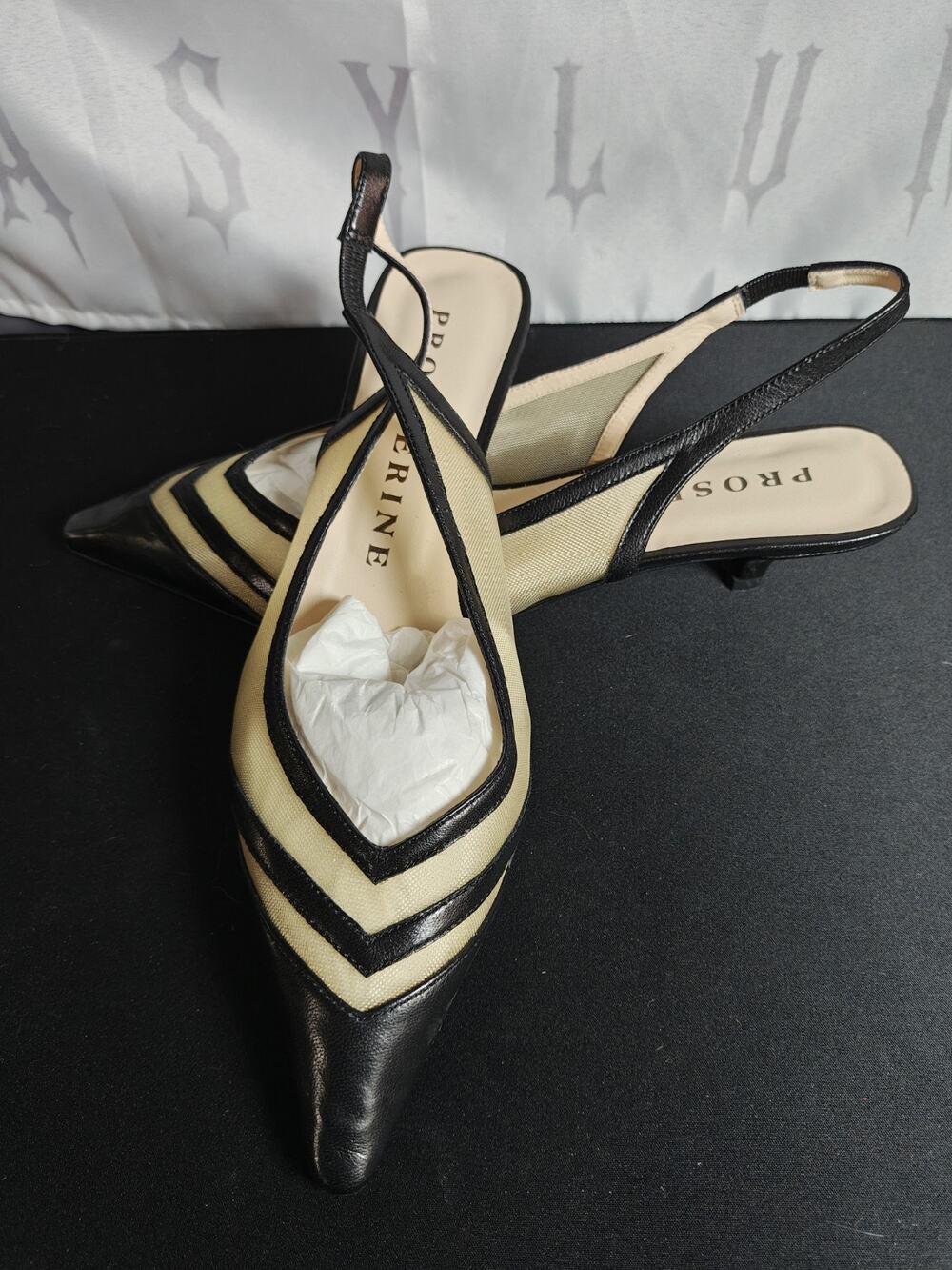 PROSPERINE Women’s 39.5 (9) Black Cream Slingback Pumps Pointed Toe Kitten Heel